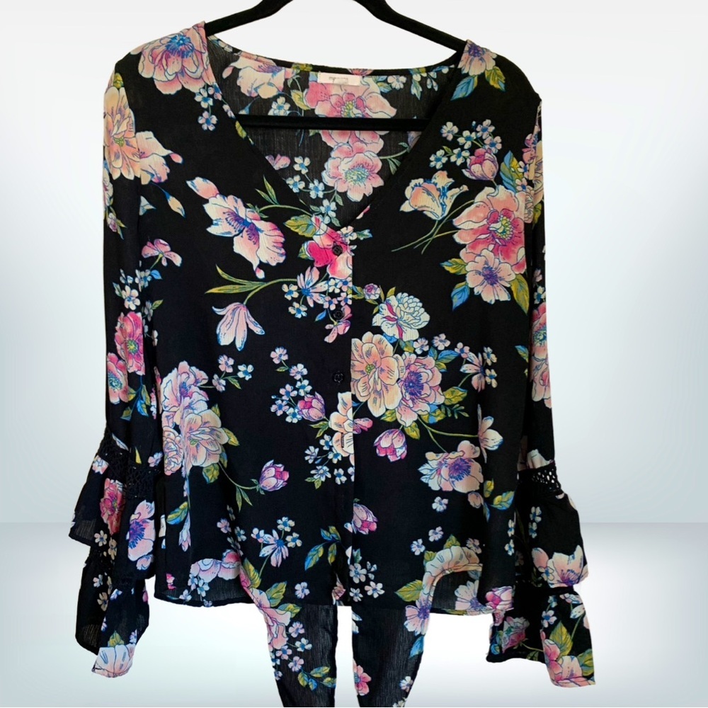 Maurices Floral Tie Front Tiered Bell Long Sleeve Blouse, size M